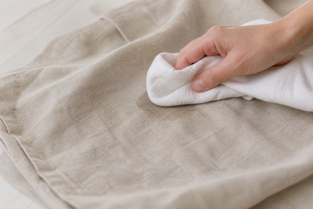 Tamponner délicatement une auréole sur du lin naturel