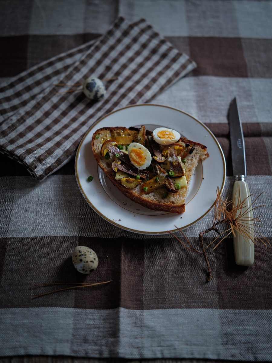 Tartine aux champignons sur lin Choco Grand Check et serviette vichy