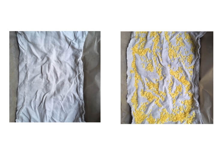 Tissu en lin avant et après la fonte régulière de la cire d’abeille