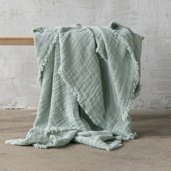 Sea Foam Plaid à Franges en Lin Washed Waffle Big