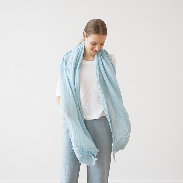 Châle Estivale en Lin Garza Fringe Cloud Blue
