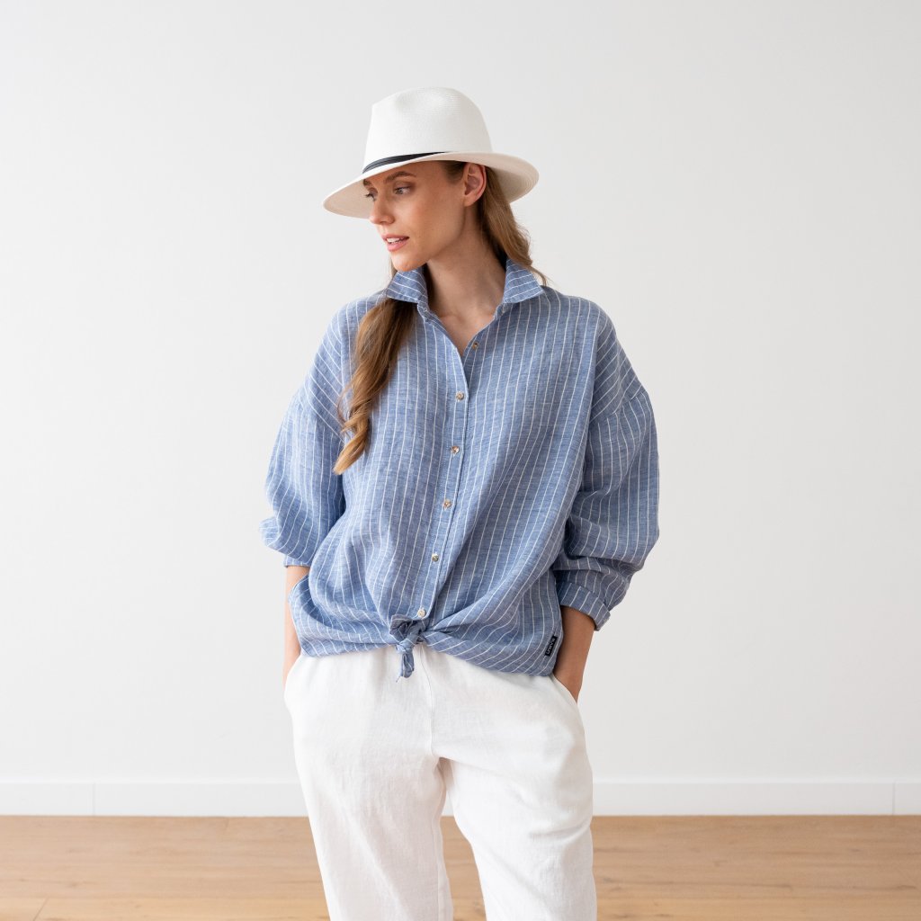Large Stripe Blue Chemisier Oversize en Lin Ruth