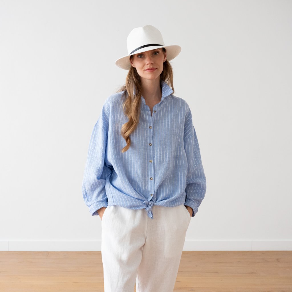 Large Stripe Light Blue Chemisier Oversize en Lin Ruth